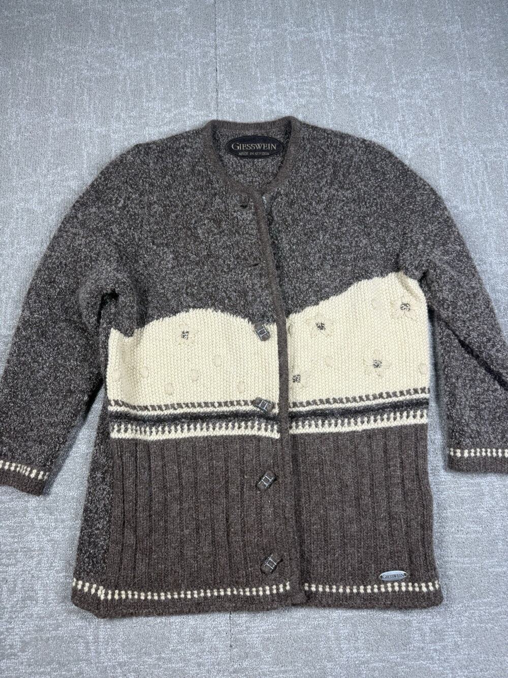 Giesswein Austria Wool Mohair Alpaca Cardigan Embroidered Women 38 Brown Cream